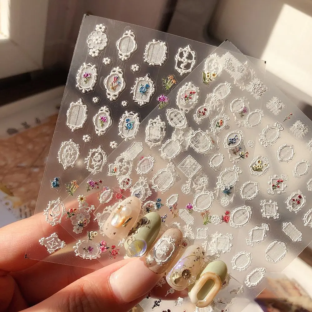 

White Lace Frame Nail Stickers Nail Art Stickers Ultra-thin Grace Charm Colored Flowers 5D Relief Nail Art Decoration