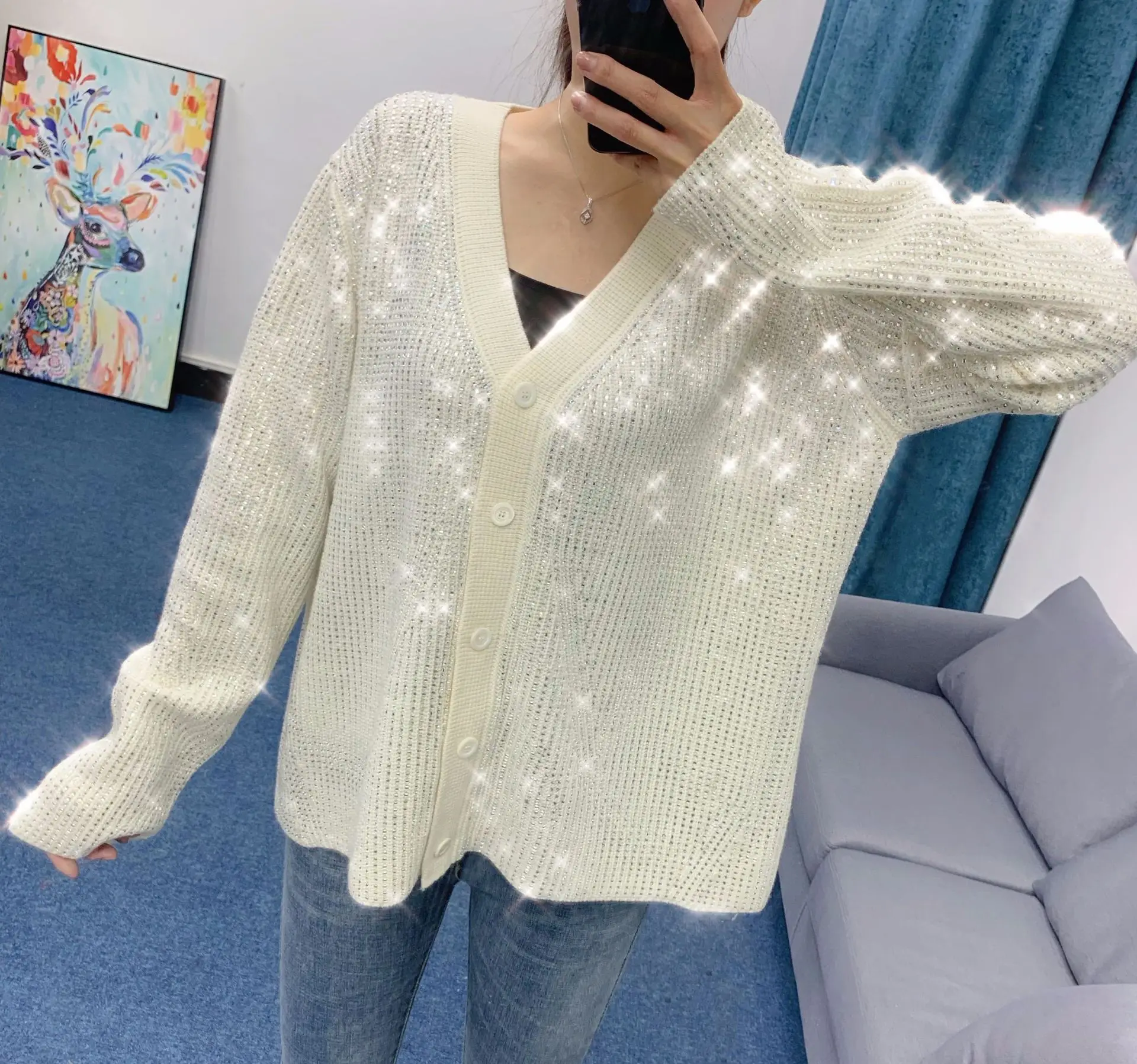 

New heavy industry drill V-Neck long sleeve knitted cardigan fall winter