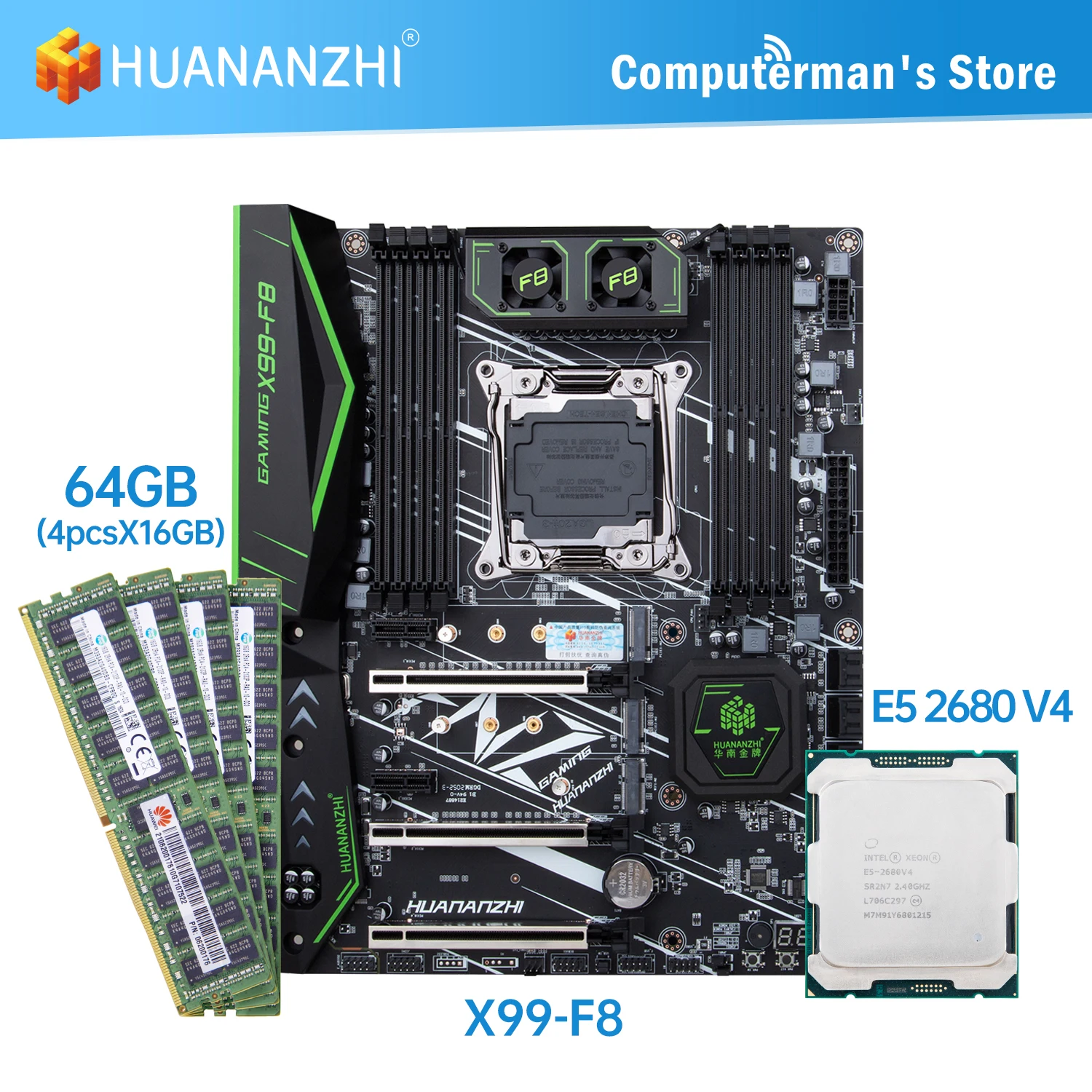 

HUANANZHI X99 F8 X99 Motherboard combo kit set CPU Intel XEON E5 2680 V4 Memory 4*16G DDR4 ECC 2133 Memory M.2 NVME USB3.0 ATX