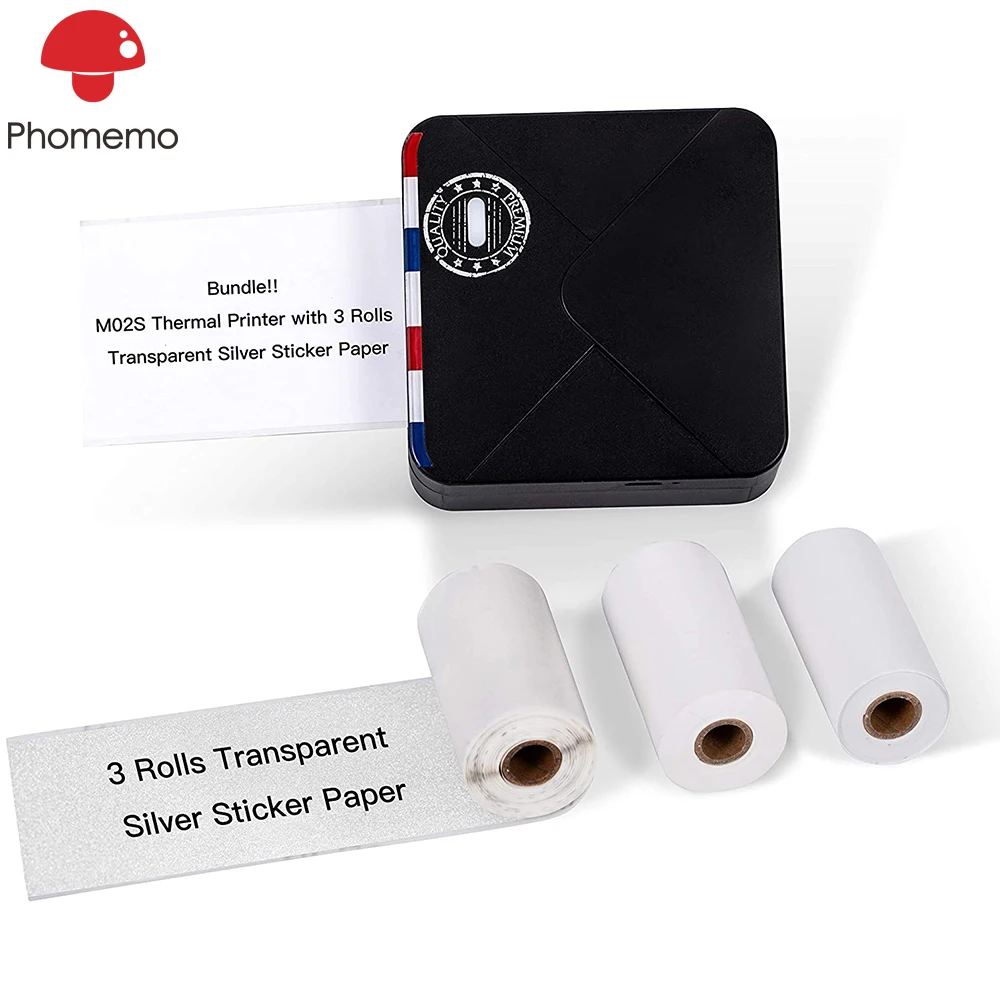 

Карманный термопринтер Phomemo M02S, мини-принтер для фотографий с 3 рулонами, прозрачная белая бумага, принтер для телефонов iOS Android