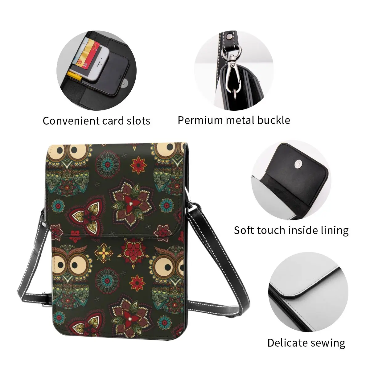 

New 2021 Women Messenger Shoulder Straps Bag Tribal Owl Bird Card Holders Cell phone Pocket Handbag Ladies Phone Purse