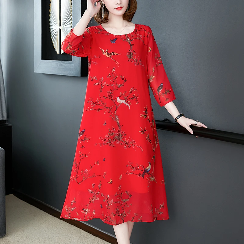 Летнее шелковое платье с принтом женские красные винтажные пляжные платья