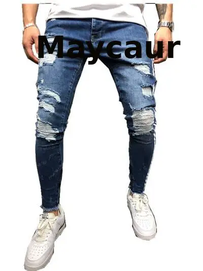 

2021 Fashion Jeans Men Stretchy Pocket Stripe Skinny Blue Men Black Blue Punk Style Pencil Pants Casual Hip Hop Cargo