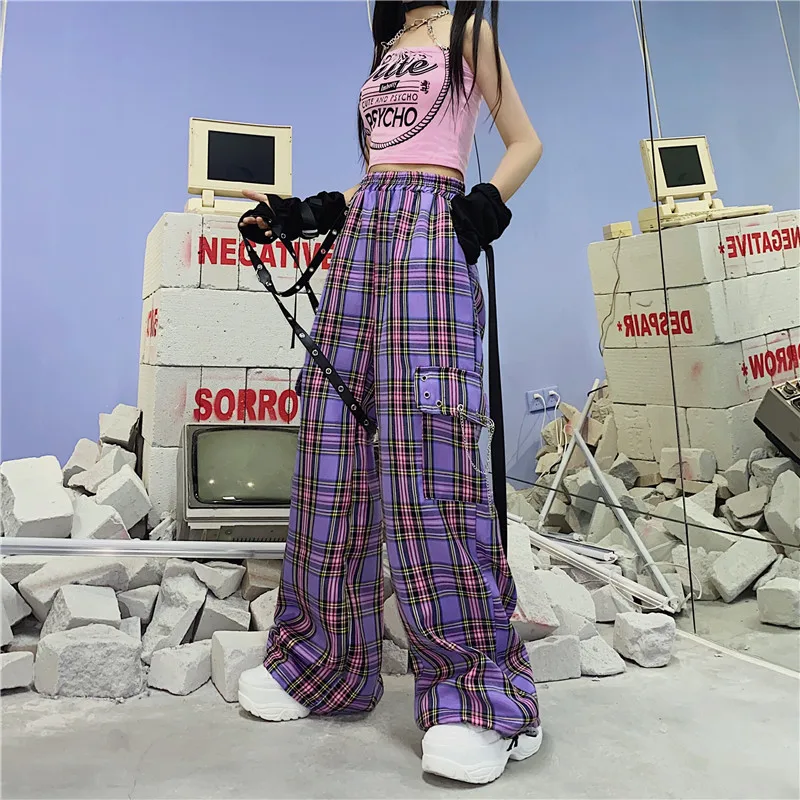 

Mall Goth Y2K Cargo Pants Women Hippie Purple Plaid Pants Harajuku Streetwear Chain Checked Trousers High Waist Aesthetic