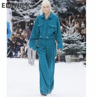 2021 new high end blue plaid woven wool womens tweed long pants runway designer wide leg long trousers
