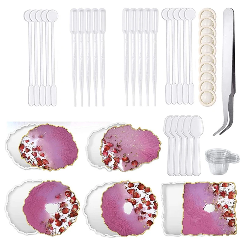 

56 Pcs/Set Agate Tray Silicone Mould Crystal Epoxy Resin Mold with Mixing Sticks for DIY Crafts Jewelry Plate Rolling Tray Coast