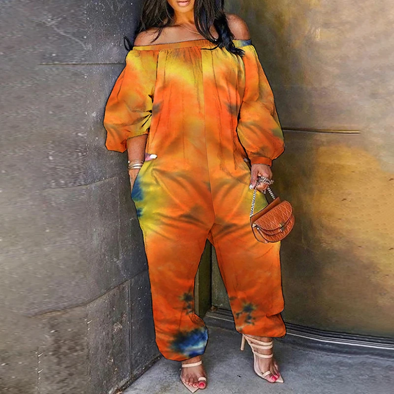 

Women Fashion Loose Fit Long Sleeve Partywear Jumpsuits Oversize 3XL/2XL Plus size Tie Dye Print Off Shoulder Jumpsuit