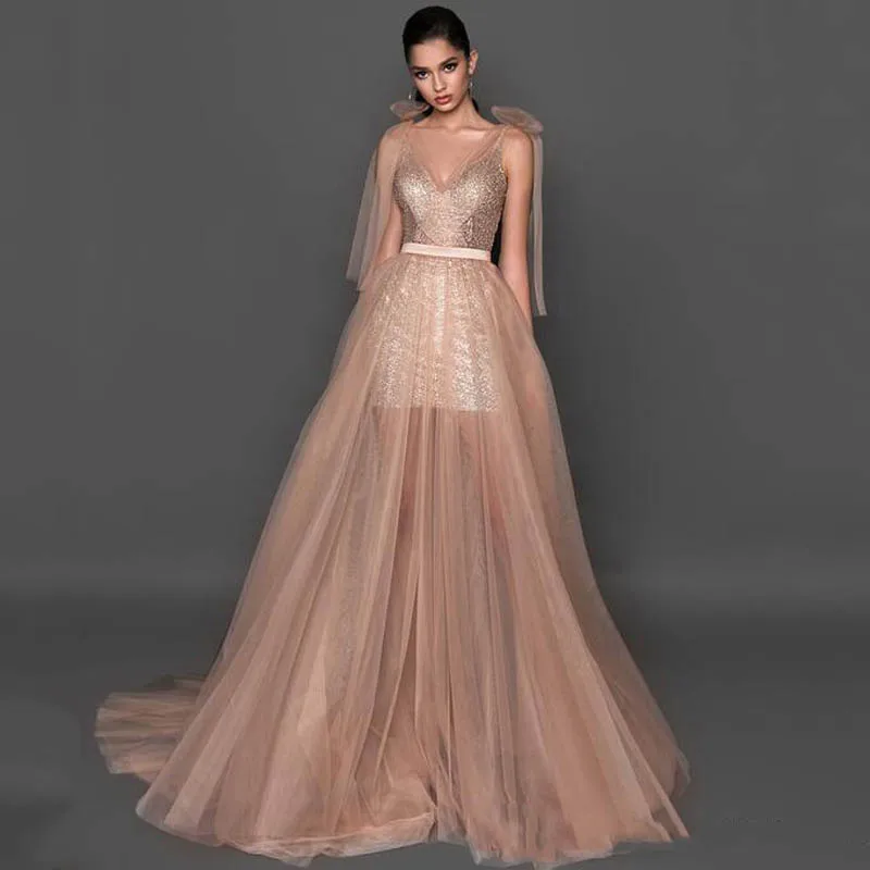 

Sexy V-Neck Champagne Prom Dresses with See Through Tulle Sequined Elegant Evening Gowns Long Custom Made Formal Party Dress