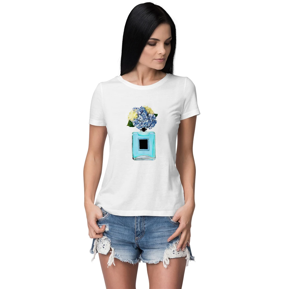 

France Popular Tumblr Clothing Aesthetic Flower Perfume Bottle White shirt Vogue Elegant T-shirts Women Edgy Streetwear Summer