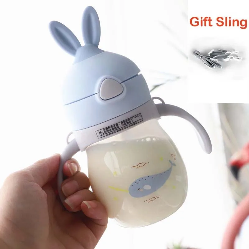 Blue Rabbit Bottle 320 мл, милая детская чашка для малышей, детская соломенная бутылка с ручкой с рисунком оленя, чашка для новорожденных - Цвет: Blue Rabbit Bottle