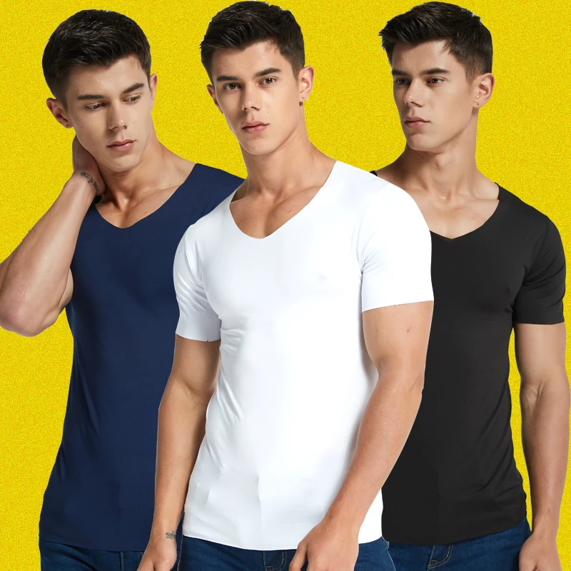 Men's V-Neck Undershirts Man Ice Silk Seamless Short Sleeves Basics Shirts Youth Summer Sexy Fitness Body Building Underwear