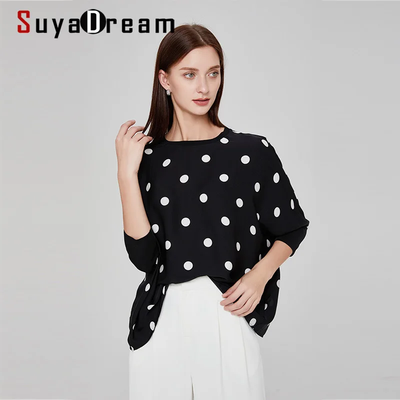 

SuyaDream, шелковые блузки для женщин, 92% шелк, 8% спандекс, с принтом в горошек, блузка с рукавами «летучая мышь», рубашка, весна 2022, элегантный бел...