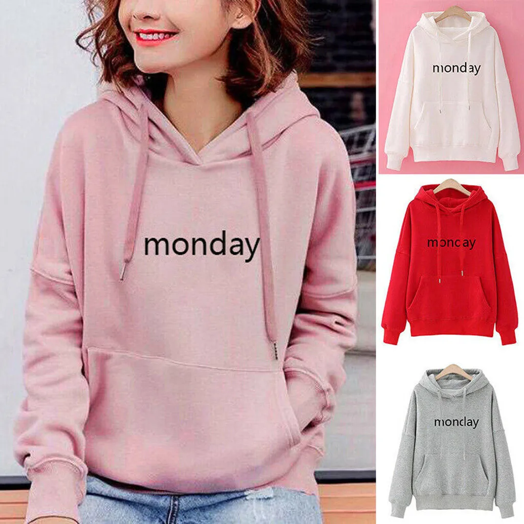 

Fashion Women Monday Letter Long Sleeve Hoodie Pockets Drawstring Sweatershirt Ropa de mujer Capucha Sweat capuche Guardia