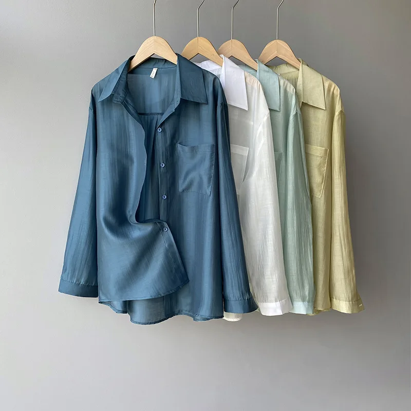

2021 Summer Korean Style Women Shirts Texture Slightly Transparent Tencel Shirt White Sunscreen Long Sleeve Blouse