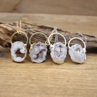 natural white quartz geode druzy hoop pendants necklaceraw crystal agates drusy charms goldsilvery plated women jewelryqc3066