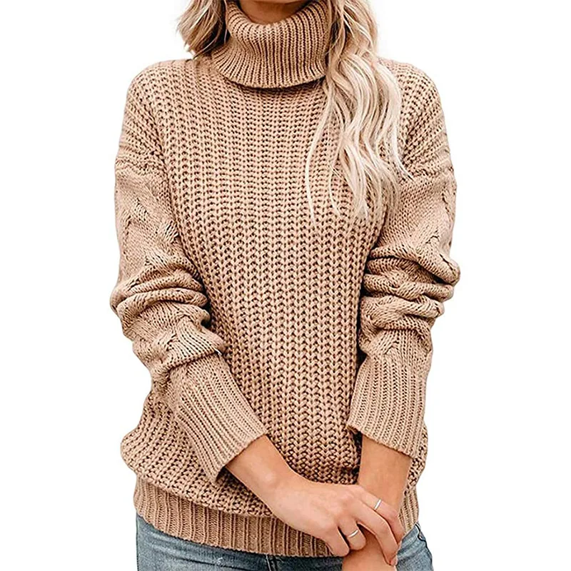 

2020 women's long sleeve jacquard sweater high collar solid color knitting Pullover winter clothes for women