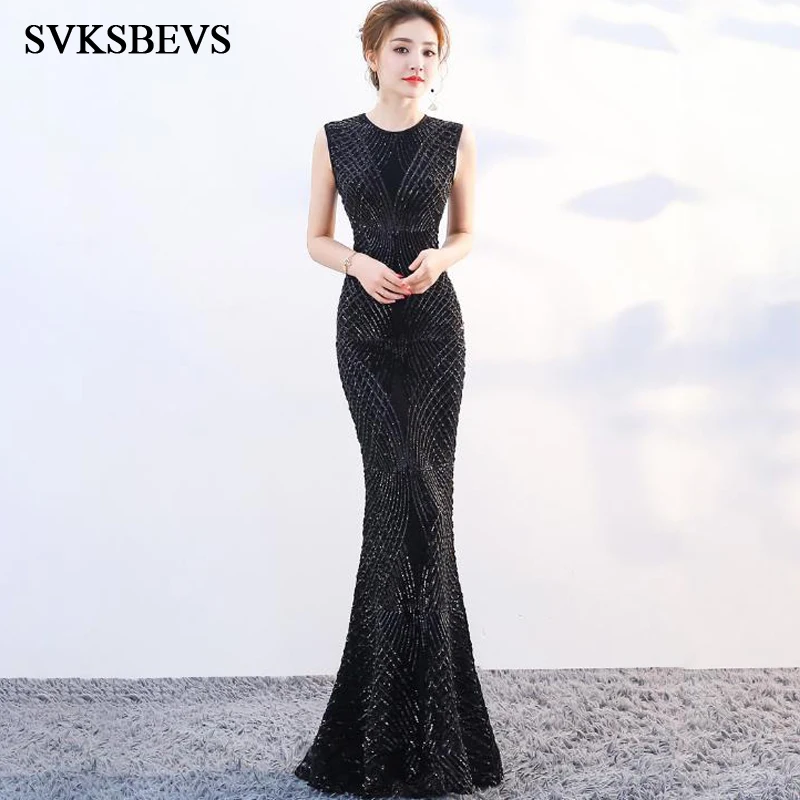 

SVKSBEVS Elegant O Neck Sequined Mermaid Long Dresses Party Sleeveless Tank Bodycon Maxi Dress