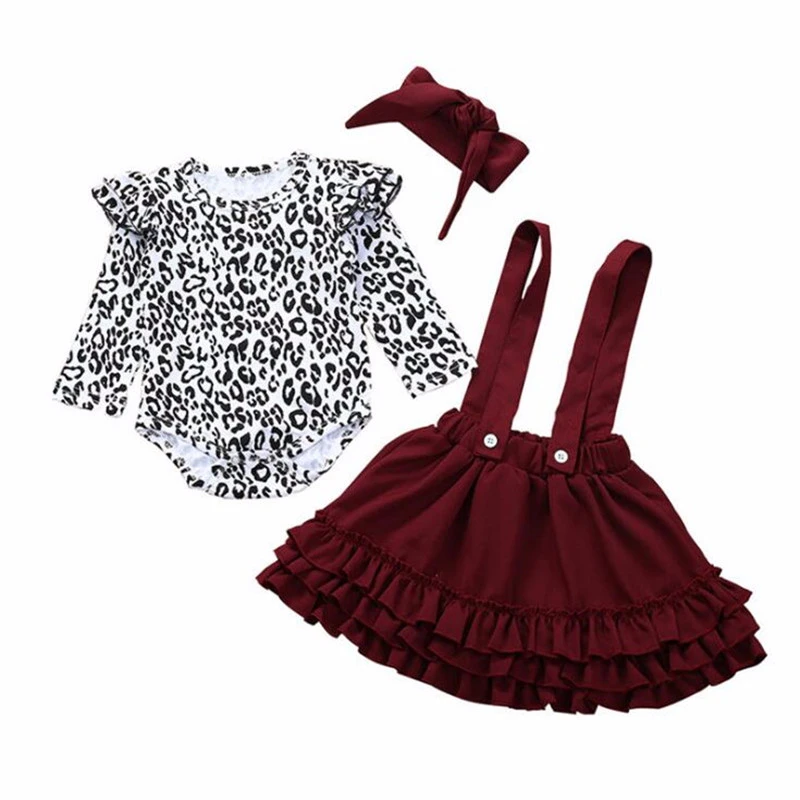 

Newborn Baby Girls Leopard Print Long Sleeve Romper Strap Dress Three Piece Set for Children's Kids Clothing