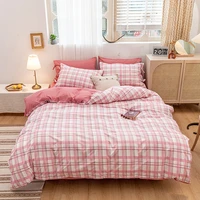 4pcs pink plaid soft warm bedding set winter easy care duvet cover flat sheet pillowcase full twin king queen size bedding set