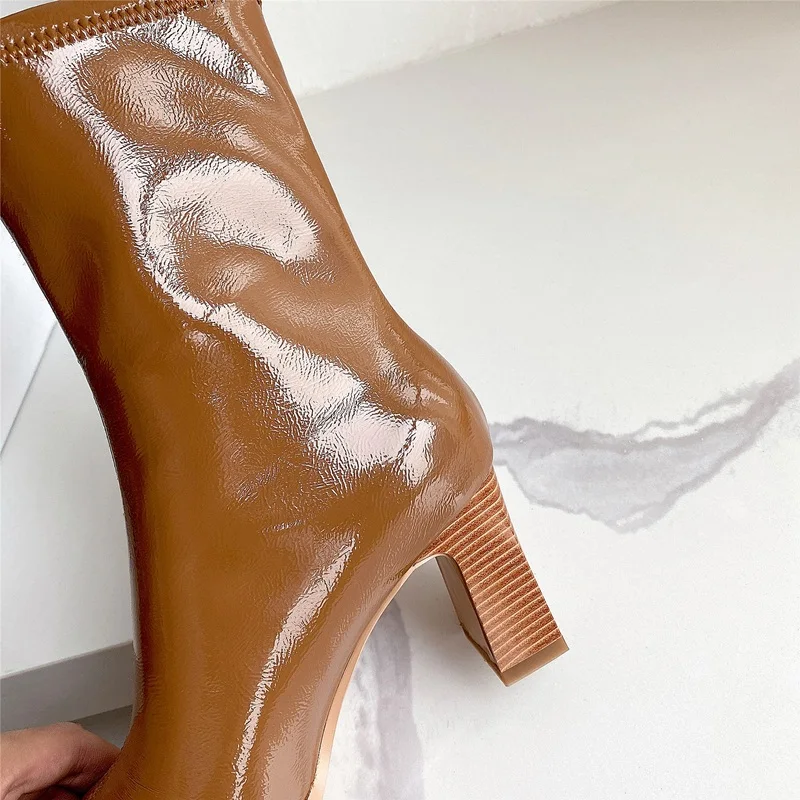 

New Brand Women Mid-calf Boots Shoes Woman Thick High Heeled Patent Leather Motorcycle Boots Women Autumn Winter Boots Size 40