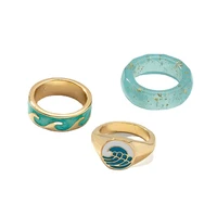3 piecesset ins gold foiled blue resin waving surf minimalism knuckle finger band rings korean fashion women party jewelry