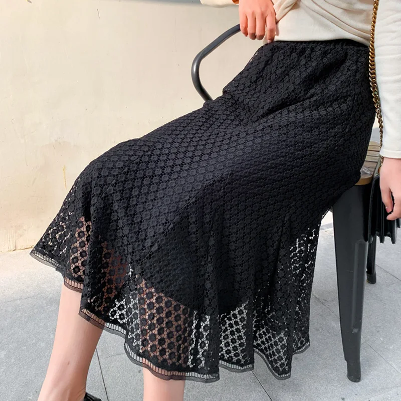 

Hollow Out Lace Skirts Black Women High Waist Elastic Waist Tulle Skirt Trumpet Long Skirts Ladies Fashion Vintage Mermaid Cloth