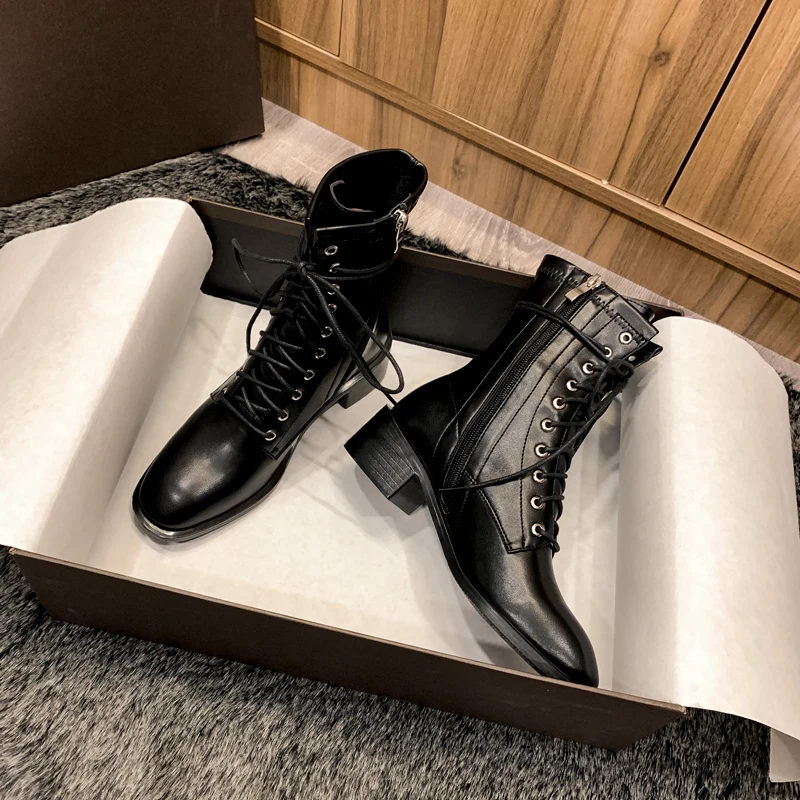 

Hjwsfdcai Black British Wind Women Lace-Up Motorcycle Boots New Chunky Heel Zipper Short Boots Round Toe PunkStyle Woman Shoes