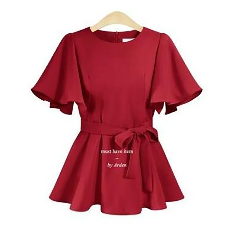 Женское шифоновое платье с поясом красное большого размера коротким рукавом