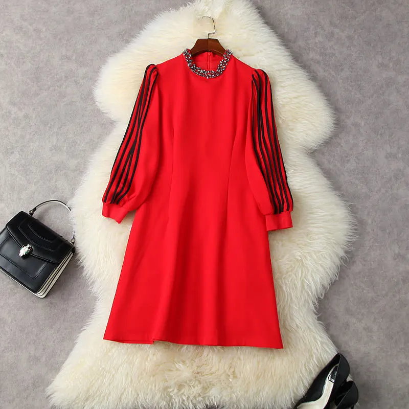 

Mini Dress Spring Women's 2022 New Bling Rhinestones Round Neck Lantern Sleeves Slimming A-Line Simple Solid Color Short Dress