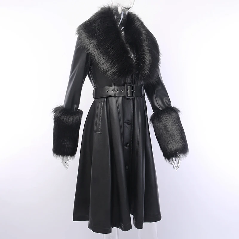 WannaThis Faux Leather Fur Coat Women With Belt Warm Thick Outwear PU Leather Streetwear Female Elegant Outwear Long Coat Green