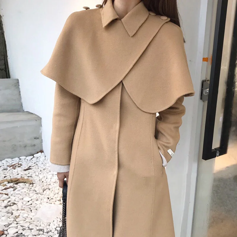 

Корейская шикарная осенне-зимняя накидка с французскими лацканами, двойное свободное шерстяное пальто средней и длинной длины, Женское пал...