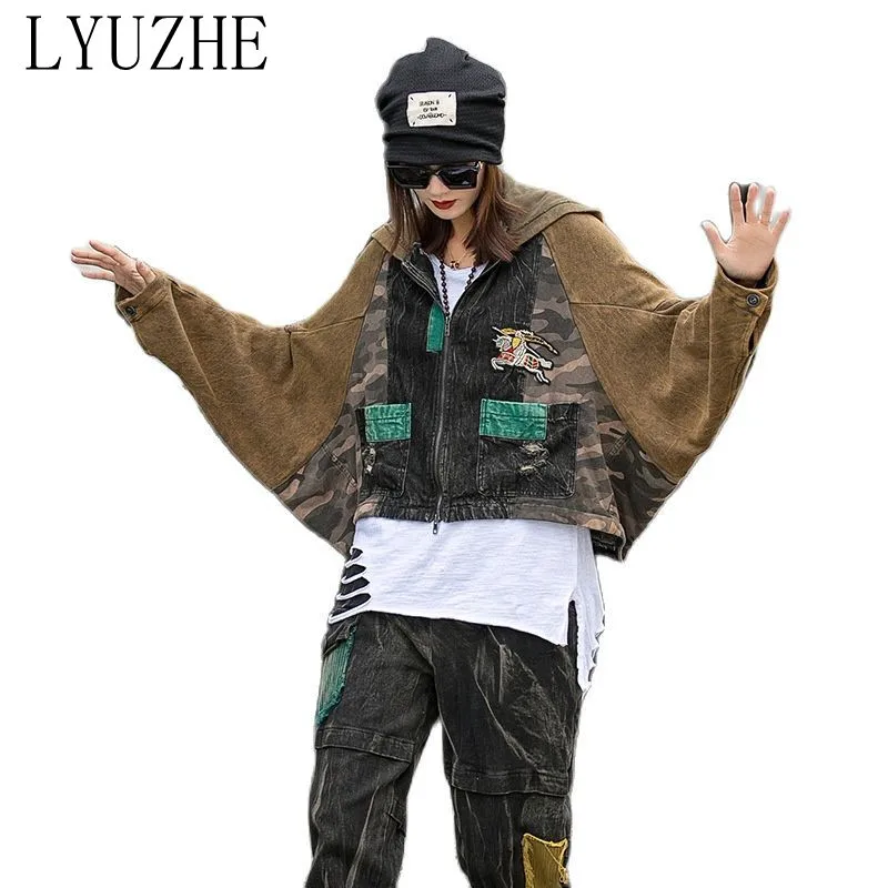 

Джинсовая куртка с капюшоном LYUZHE, трикотажная джинсовая куртка с контрастным принтом, потертая строчка, контрастные джинсовые шаровары TT046L