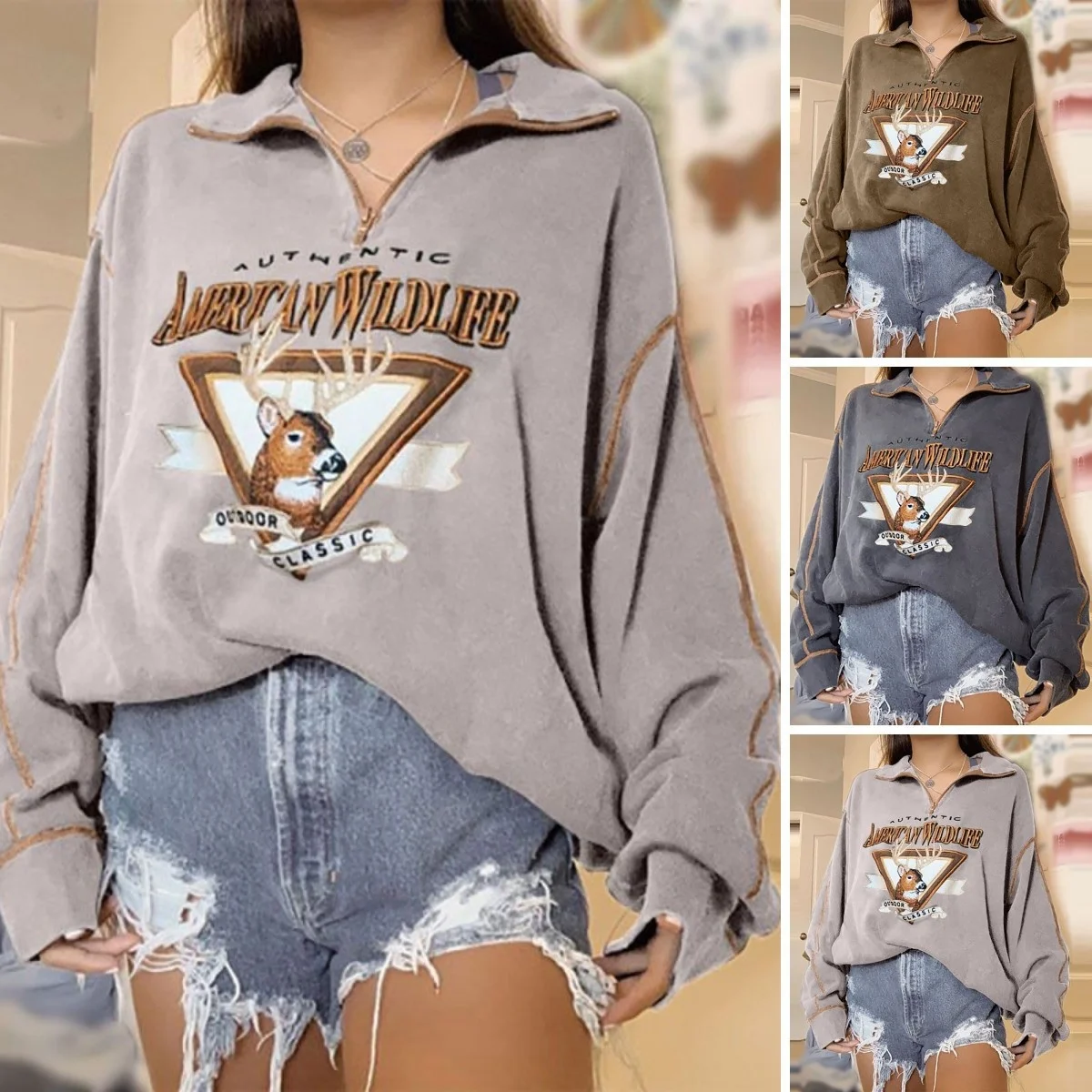 

Autumn and winter 2021 new independent piece Lapel printing loose sweater for women Free shipping