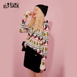 ELFSACK, клубничный жаккардовый Повседневный вязаный пуловер, женские свитера, осень 2020, Винтажный Длинный Рукав, корейские женские милые топы на каждый день