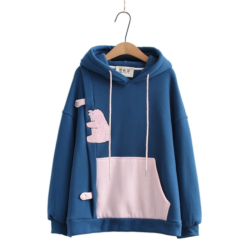 

Harajuku Cartoon Bear Embroidery Drawstring Casual Hoodies Sweatshirt Women 2021 Winter Long Sleeve Korean Ladies Daily Top