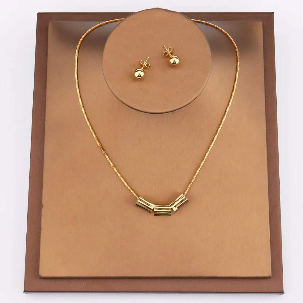 

Light Luxury Jewelry Sets For Women Gold Plated Chain Hollow Cylinder Pendant Necklace Bead-shape Pierced Exquisite Earrings