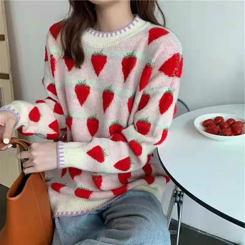 

2021 Autumn Winter Women Thick Sweater Pink Yellow Strawberry Oversized Knitted Pullover Streetwear Outerwear Bottoming Blouse