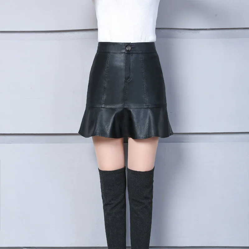 

Ladies Summer Pu Leather Skirt Korean Style High Waist Slim Girls Black Short Sexy Ruffled Skirt Casual OverSize 3xl 4xl A Line