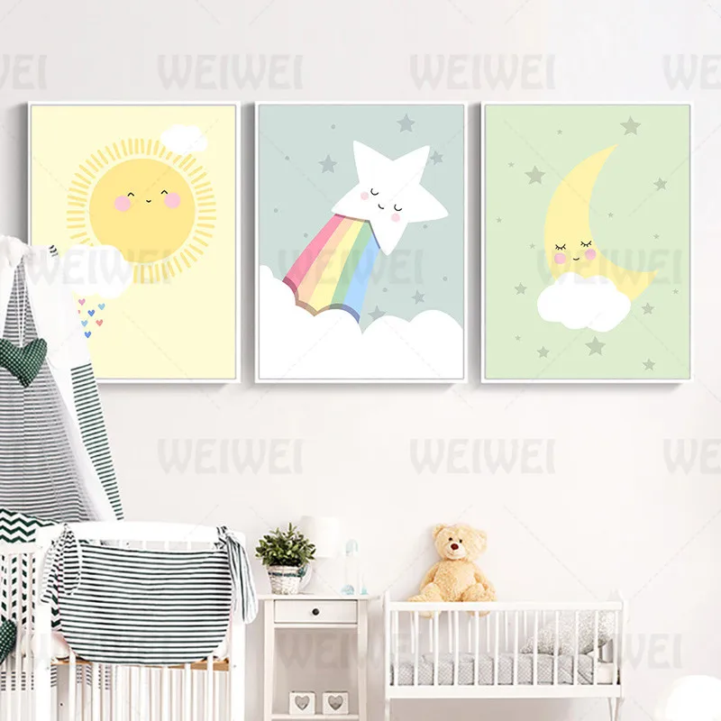 

Cartoon Children's Room Canvas Painting Stars Moon Sun Home Decoration Living Room Wall Poster Rainbow Rain Clouds Bedroom Print