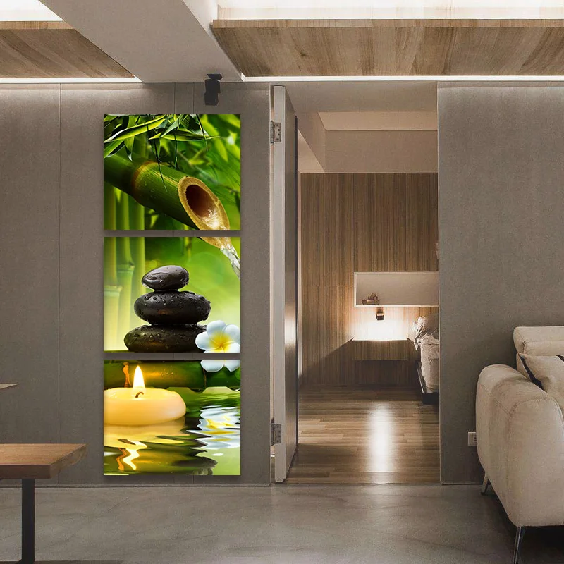 3 Панели Современная вспышка искусство холст живопись зеленый бамбуковый цветок