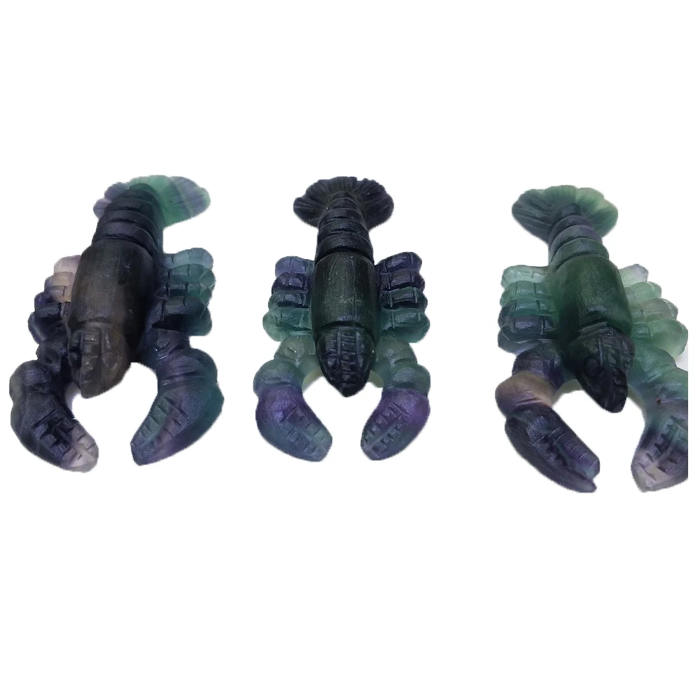 

Natural Fluorite Carved Animals, Hand Carved Rainbow Stone Crayfish Decorative Household Halloween gifts