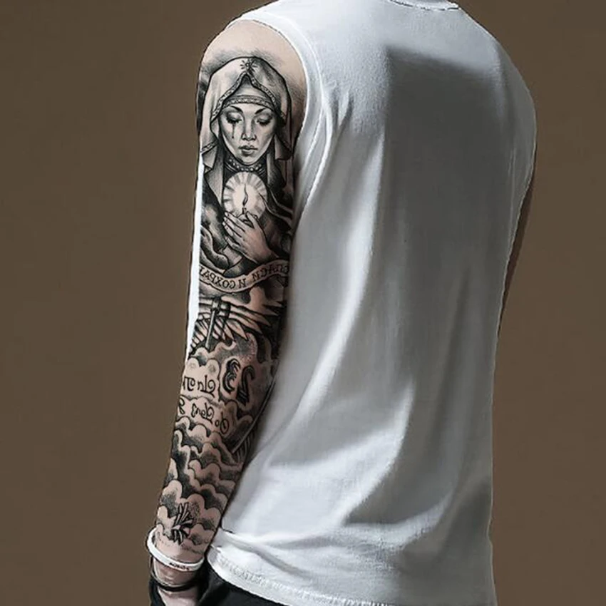 

Временная татуировка на всю руку, водостойкая, имитация рукава, татуировка для мужчин и женщин, череп, Лев, дракон, краска для тела