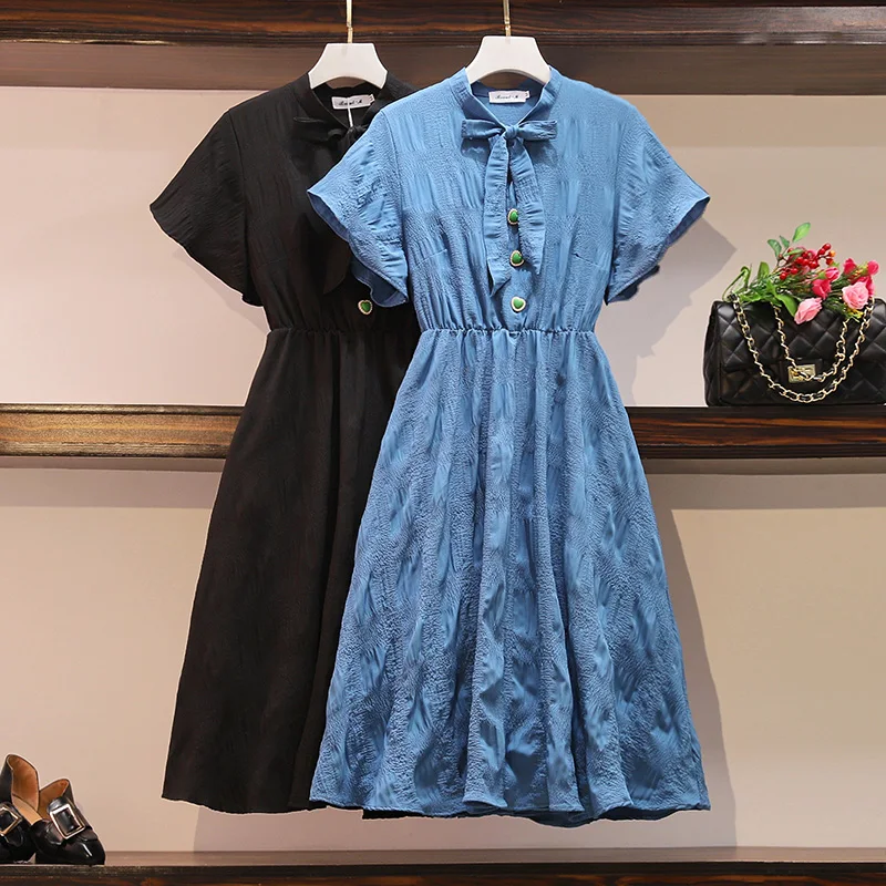 

Plus Size Women High Waist A-Line Dress Summer 2020 Sexy Off the Shoulder Short Sleeve solid Fake Two Piece bow Dresses 5xl