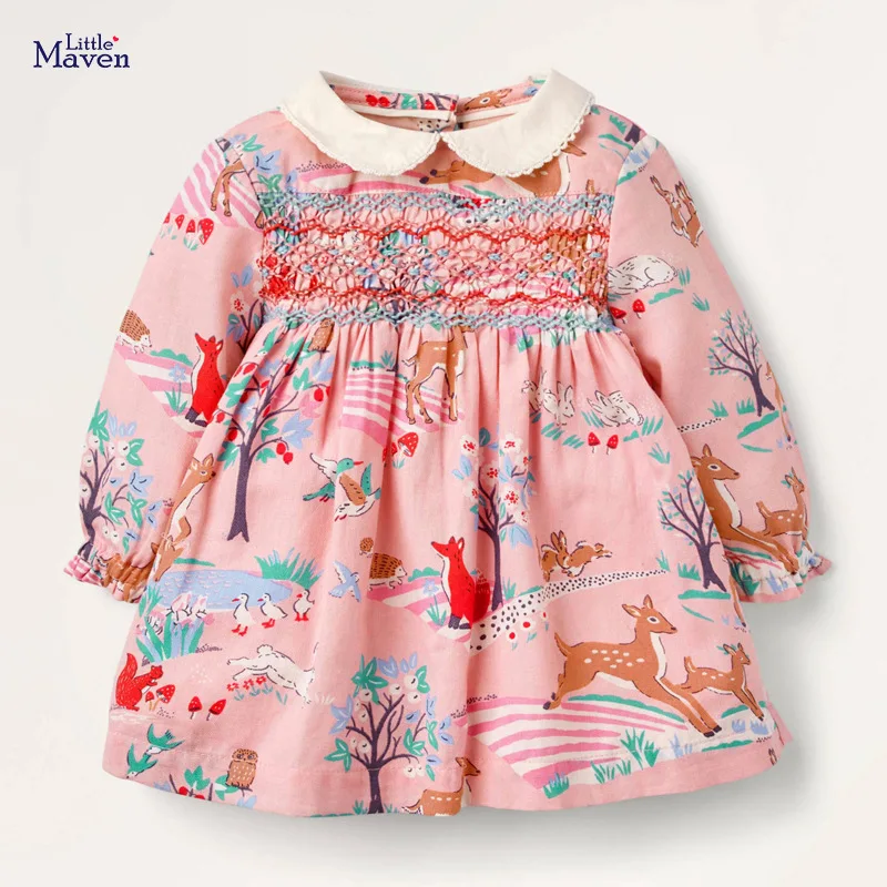 

Little maven Girls Dress Autumn Long Sleeve Cotton Cat Clothes New Soft and Comfort Casual Dress for Girls Kids Toddler