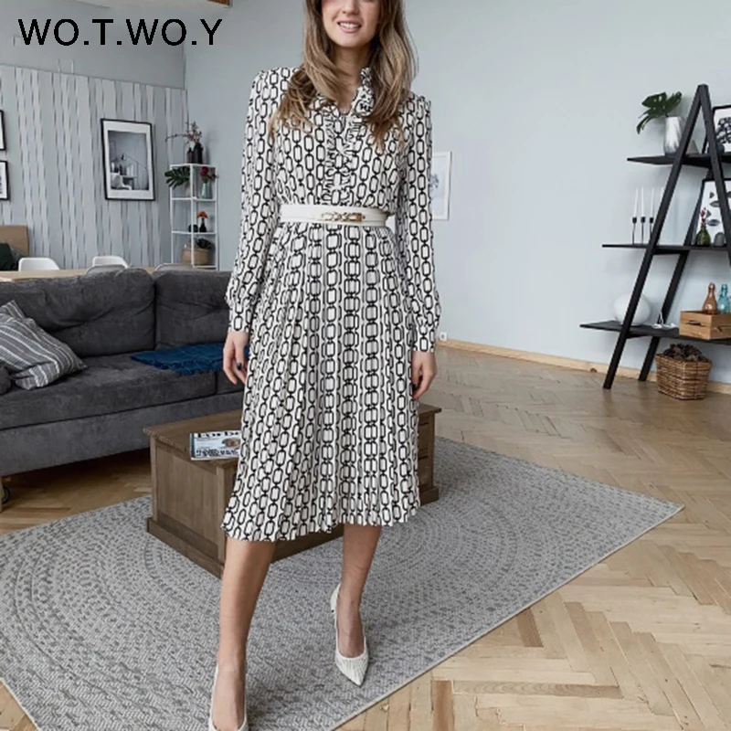 

WOTWOY Spring Autumn Ruffles Printed Dress Women High Waisted Belted Long Sleeve Dresses Female Botton-Up Loose Mid-Calf Dress