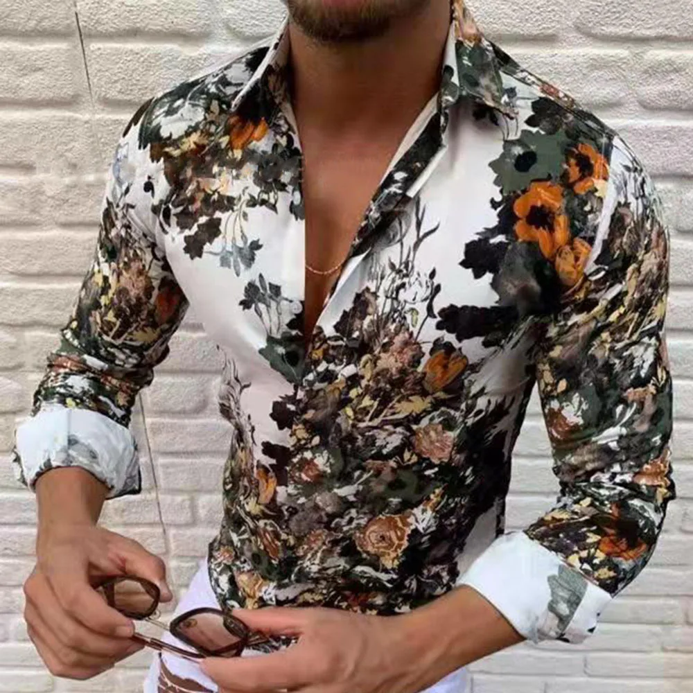 

Long Sleeve Fashion 3D Foral Print Plus Size Men's Shirt M-3XL Causal Slim Men Tops European Office Fashion for Spring Autumn