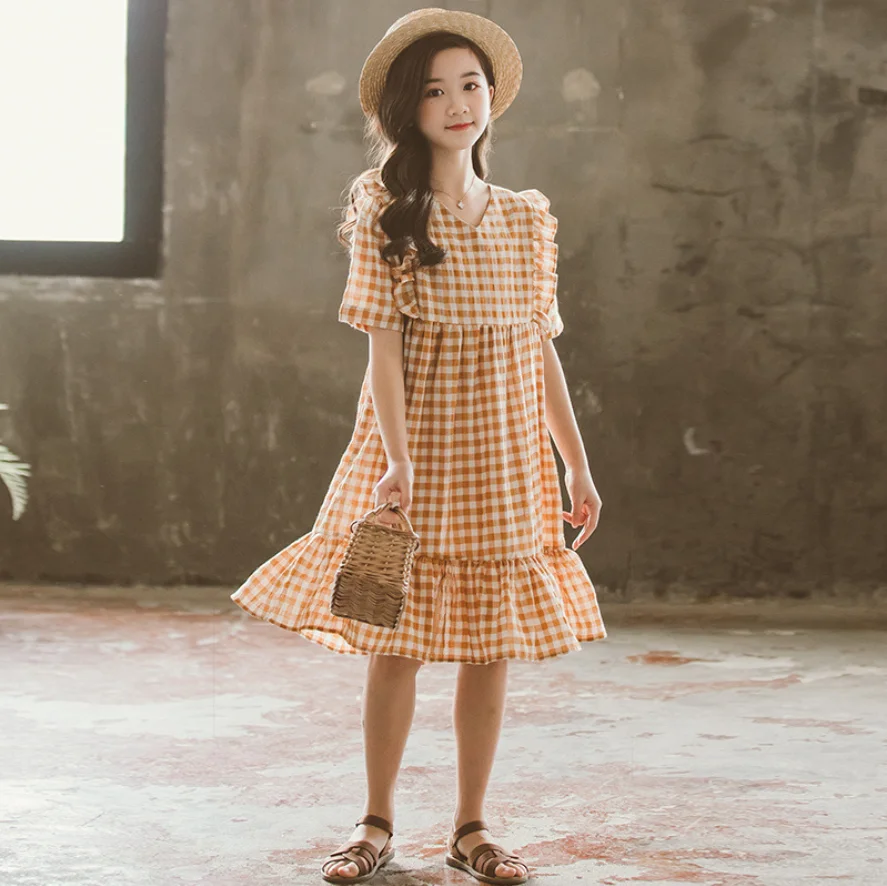 

Girls' Dress Summer Dress 2021 New Middle And Large Children Korean Girl Plaid Princess Skirt Trendy Children's Wear