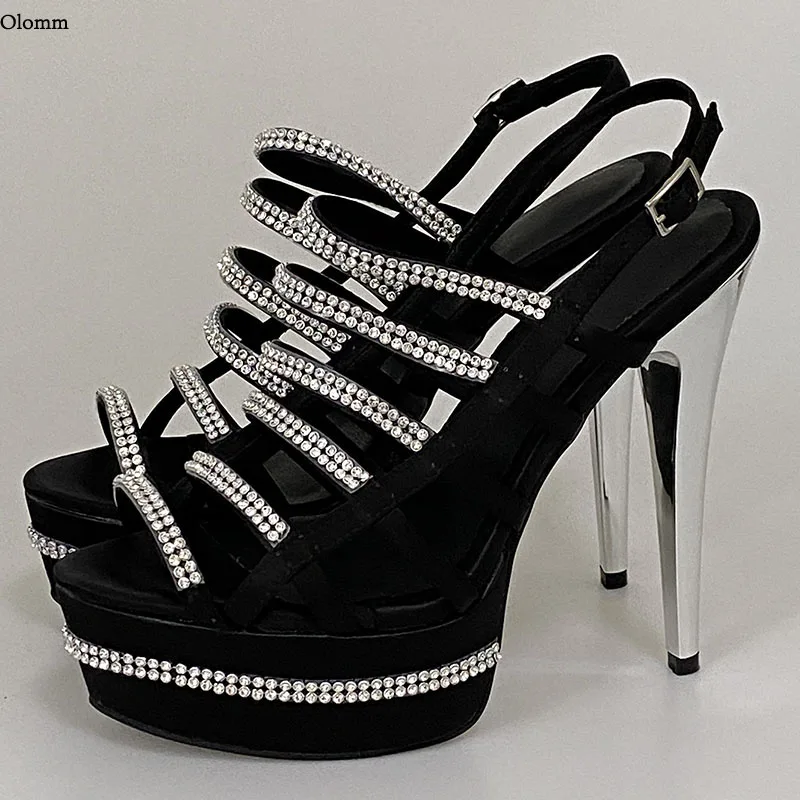 Olomm 2021 Women Platform Sandals Sexy Shiny Rhinestone Stiletto Heels Open Toe Black Night Club Shoes Women US Plus Size 5-15