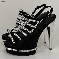 olomm 2021 women platform sandals sexy shiny rhinestone stiletto heels open toe black night club shoes women us plus size 5 15