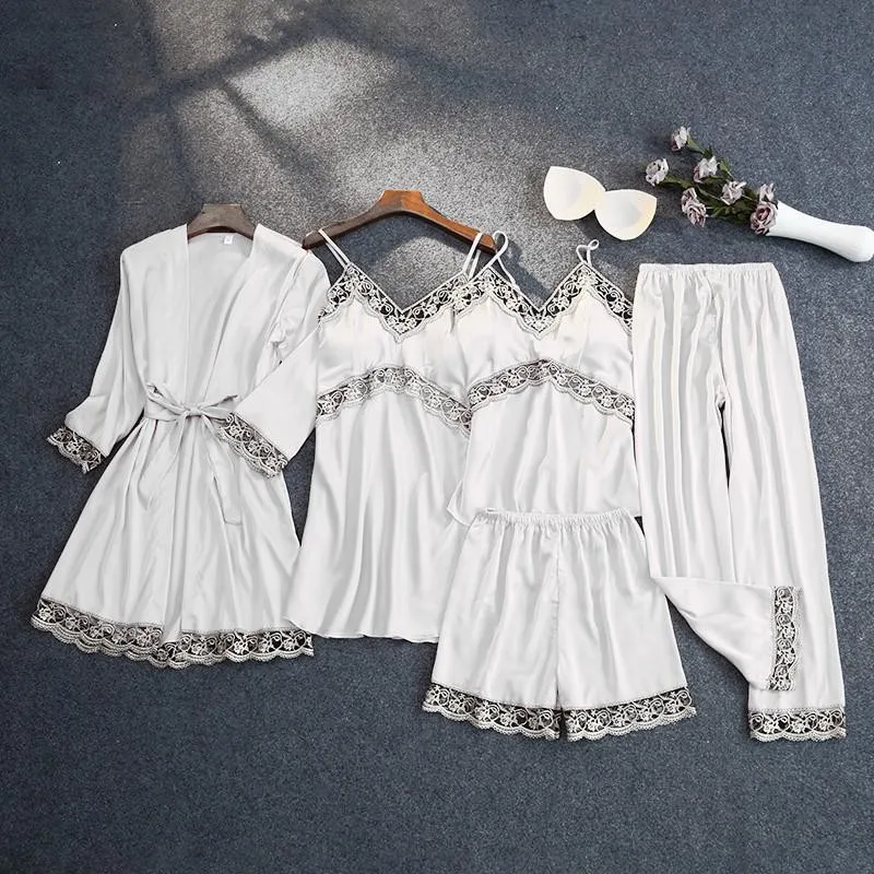 

Female 5PCS Pajamas Set Kimono Bathrobe Gown Summer Women Sexy Patchwork Hollow Out Lace Pyjama Pour Femme Faux Silk Home Suit